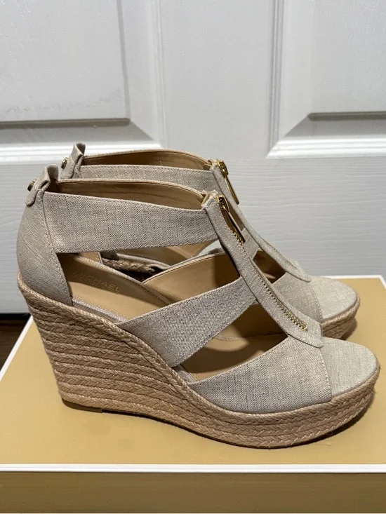 Michael Kors Beige Espadrille Zip Wedge Sandals - Picture 3 of 8